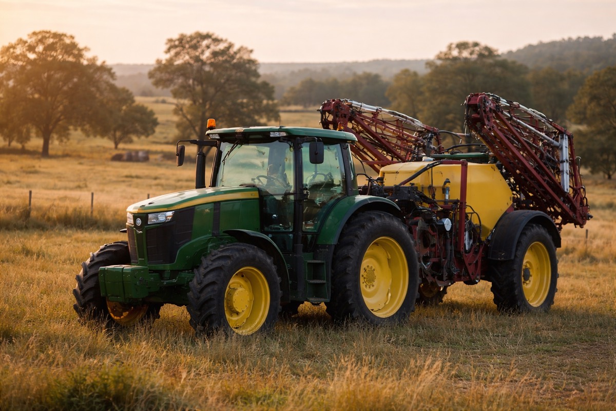A tractor standing in a paddock at last light with a trailed boom sprayer behind it, booms folded in.